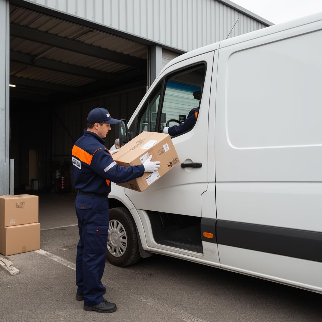 Driver loading a cargo van at a warehouse dock