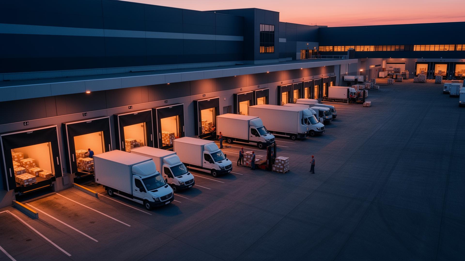 Cargo vans and box trucks at a logistics distribution dock