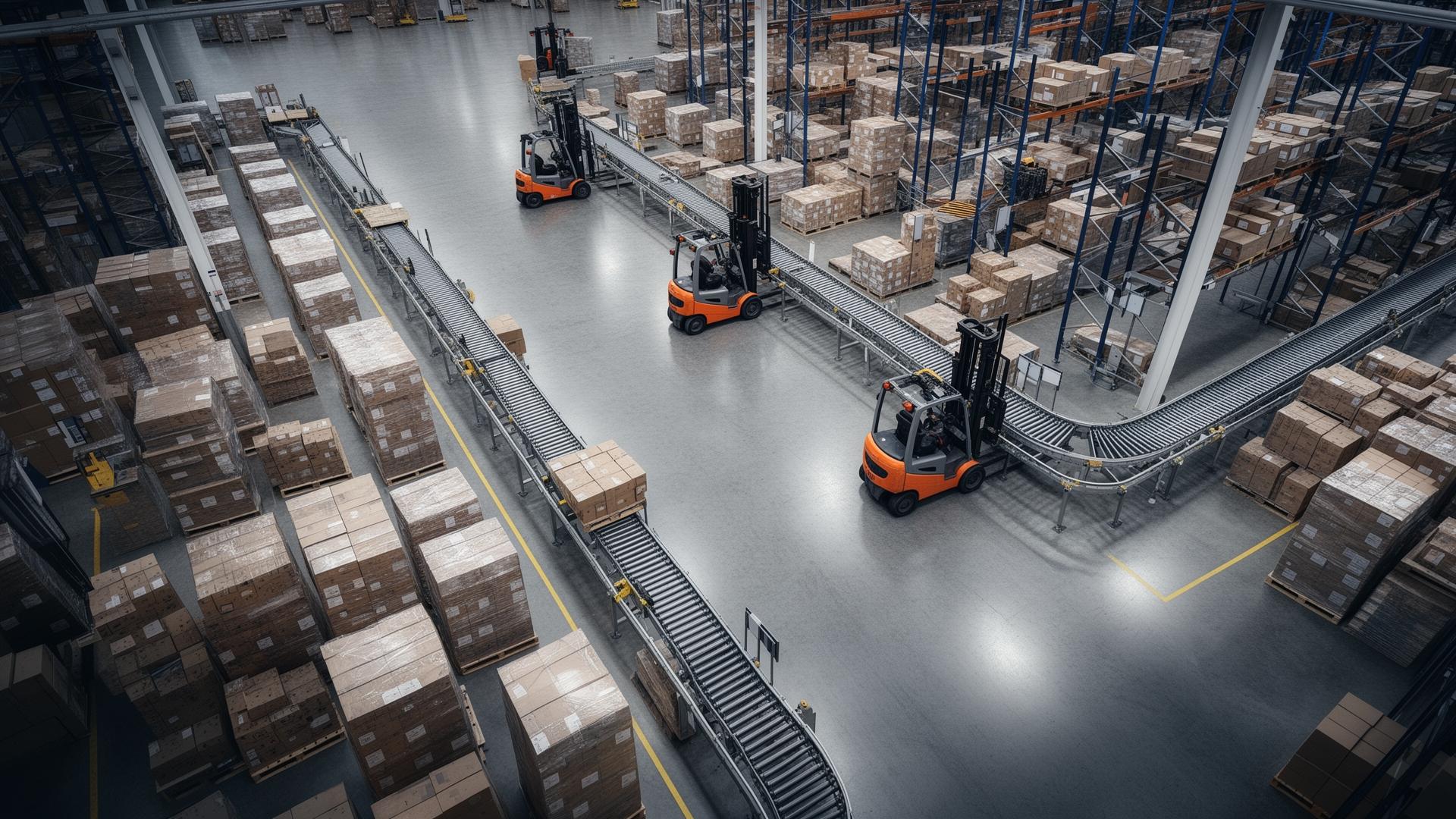 Overhead view of a modern warehouse distribution floor